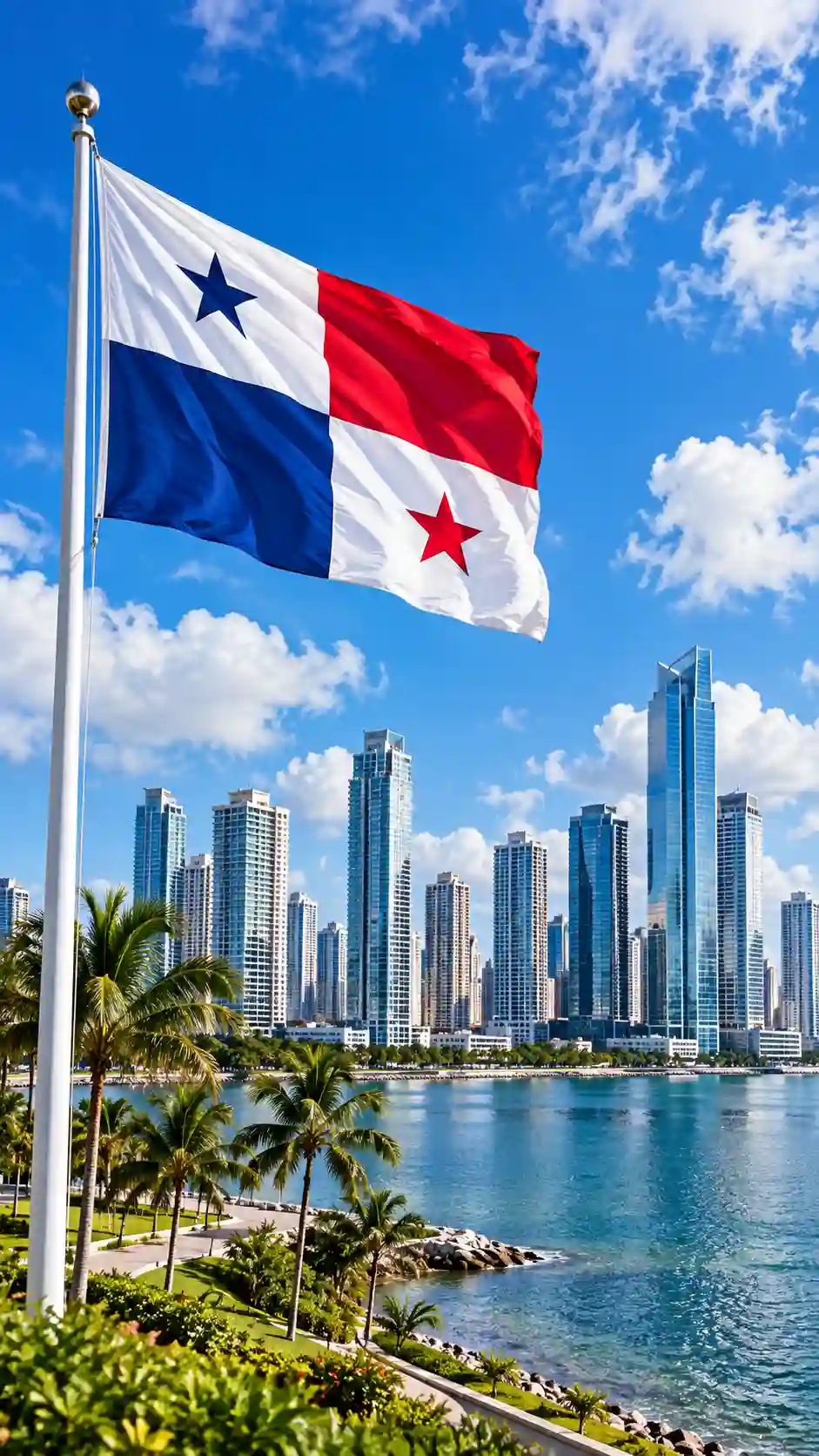 Panamanian flag in front of the Panama City skyline
