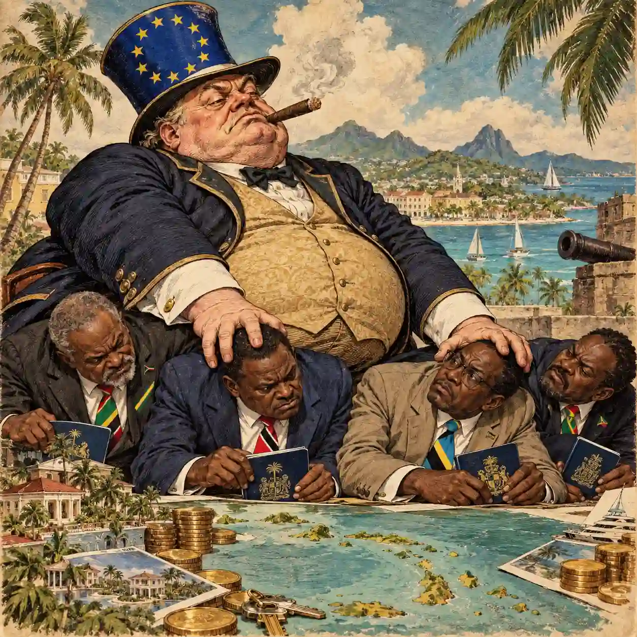 Satirische Illustration zu karibischen Citizenship-by-Investment-Programmen