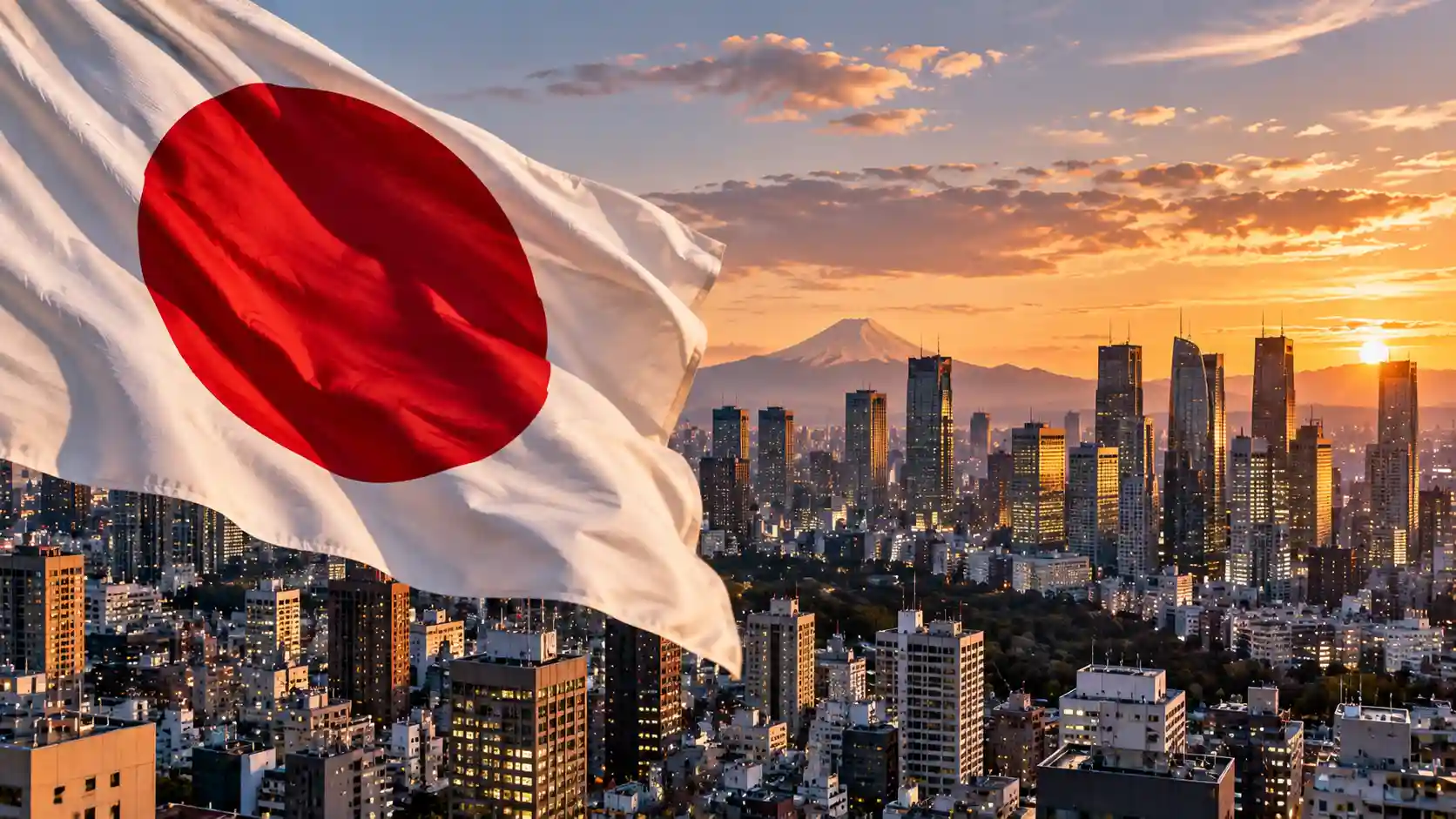 Tokio-Skyline mit Fuji und japanischer Flagge