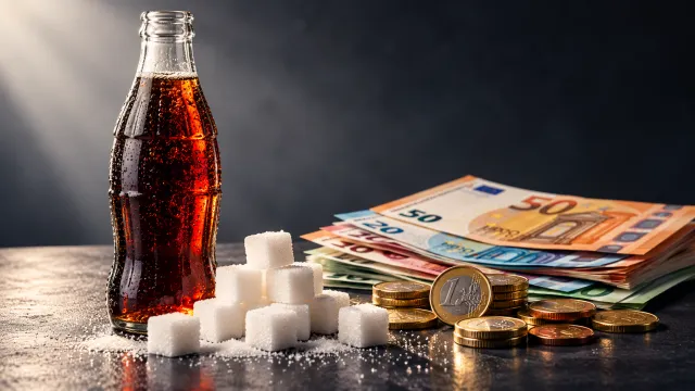 Cola bottle, sugar cubes and euro banknotes
