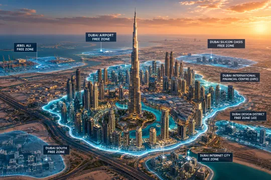 Dubai with marked Free Zones and Designated Zones
